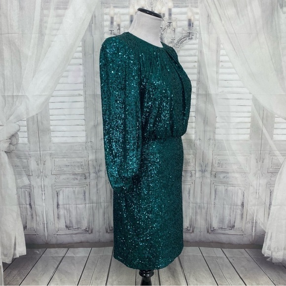 NWT Vince Camuto Size 6 Green 3/4 Balloon Sleeve Crew Neck Sequin Dress Sheath - Picture 7 of 14